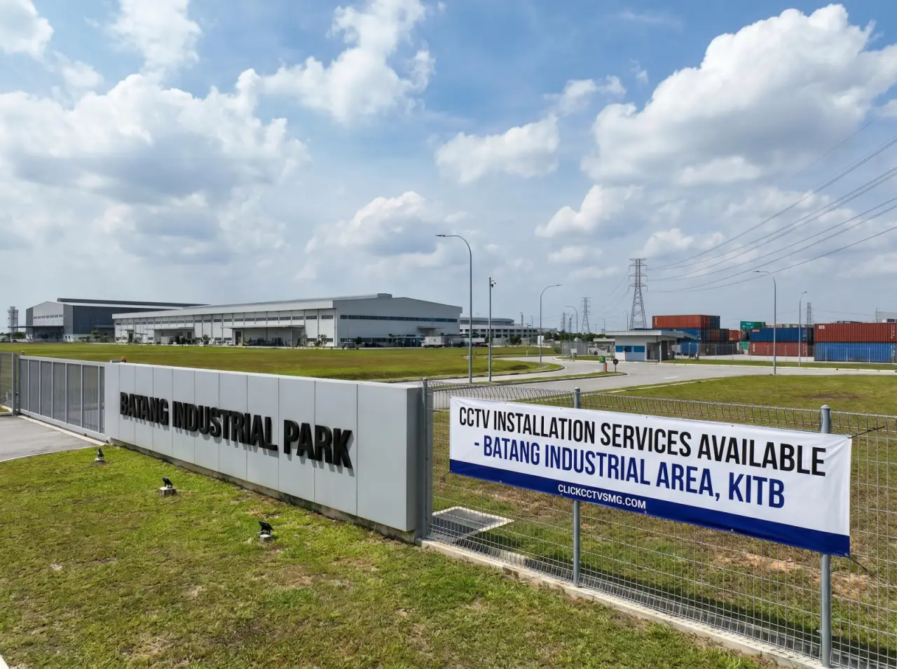Banner layanan pasang CCTV clickcctvsmg.com di area Batang Industrial Park (KITB) untuk kebutuhan pabrik dan gudang.