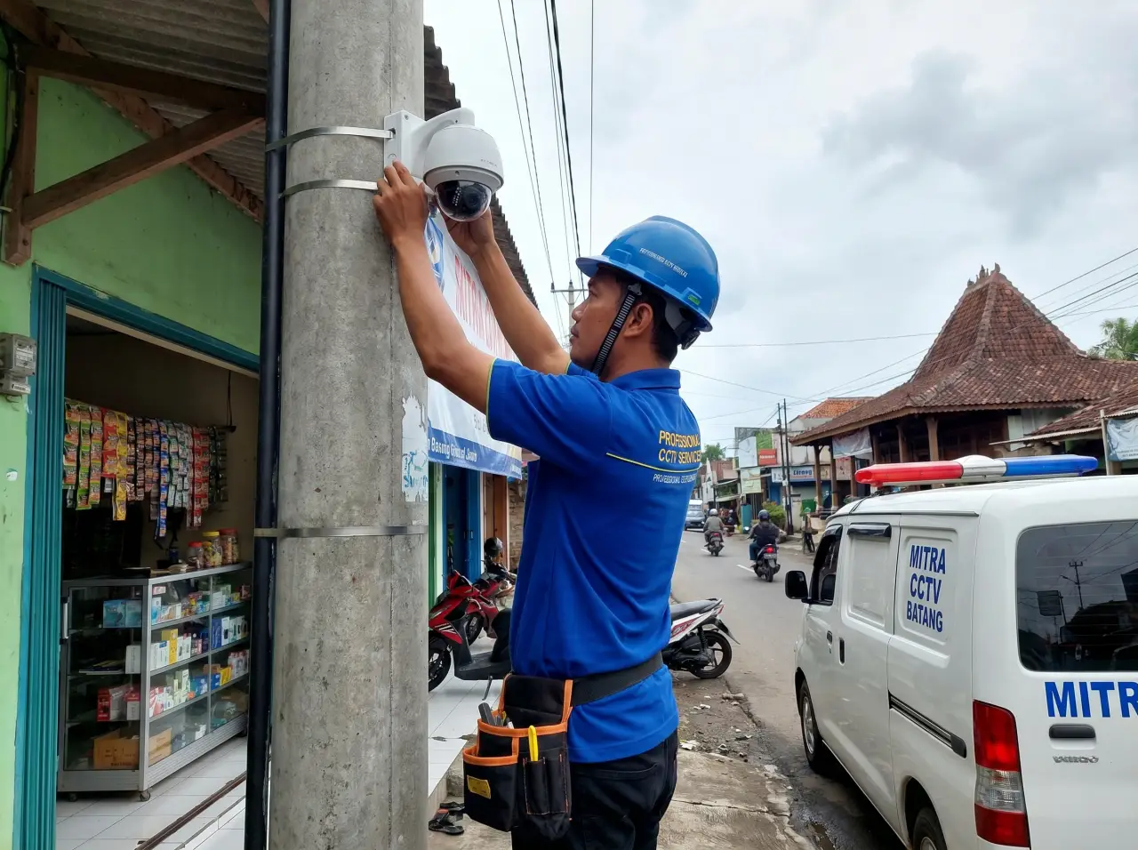 Teknisi Click CCTV melakukan instalasi kamera PTZ di tiang jalan wilayah Batang untuk keamanan lingkungan.