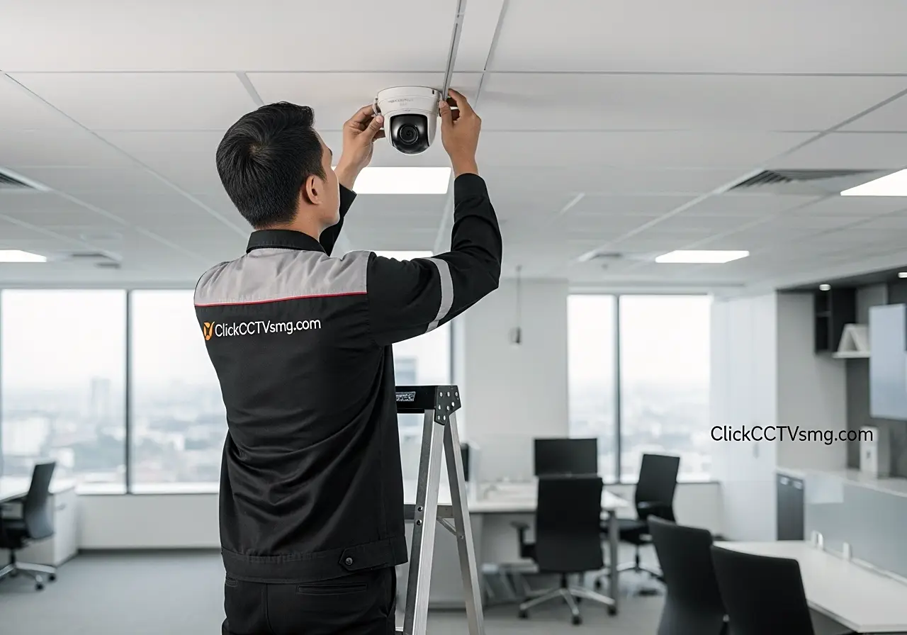 Jasa Pasang CCTV Premium & Terbaik di Semarang untuk Bisnis Anda | clickcctvsmg.com Seorang teknisi ClickCCTVSMG.com sedang memasang kamera CCTV modern di langit-langit kantor yang terang dengan pemandangan kota Semarang di latar belakang